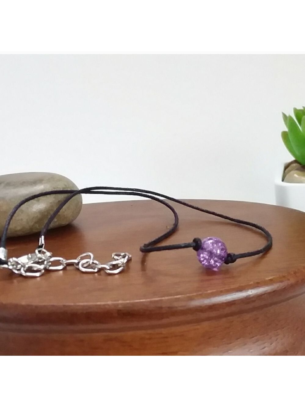 NWT Beautiful Purple Crackle Glass Bead On Black Cord Choker Necklace!!